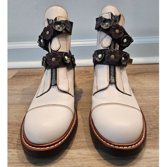 Coach Chalk Oxblood Moto Cutout Bootie 7B Buckle Flowers Mixed Metal Glam Casual - Picture 3 of 12
